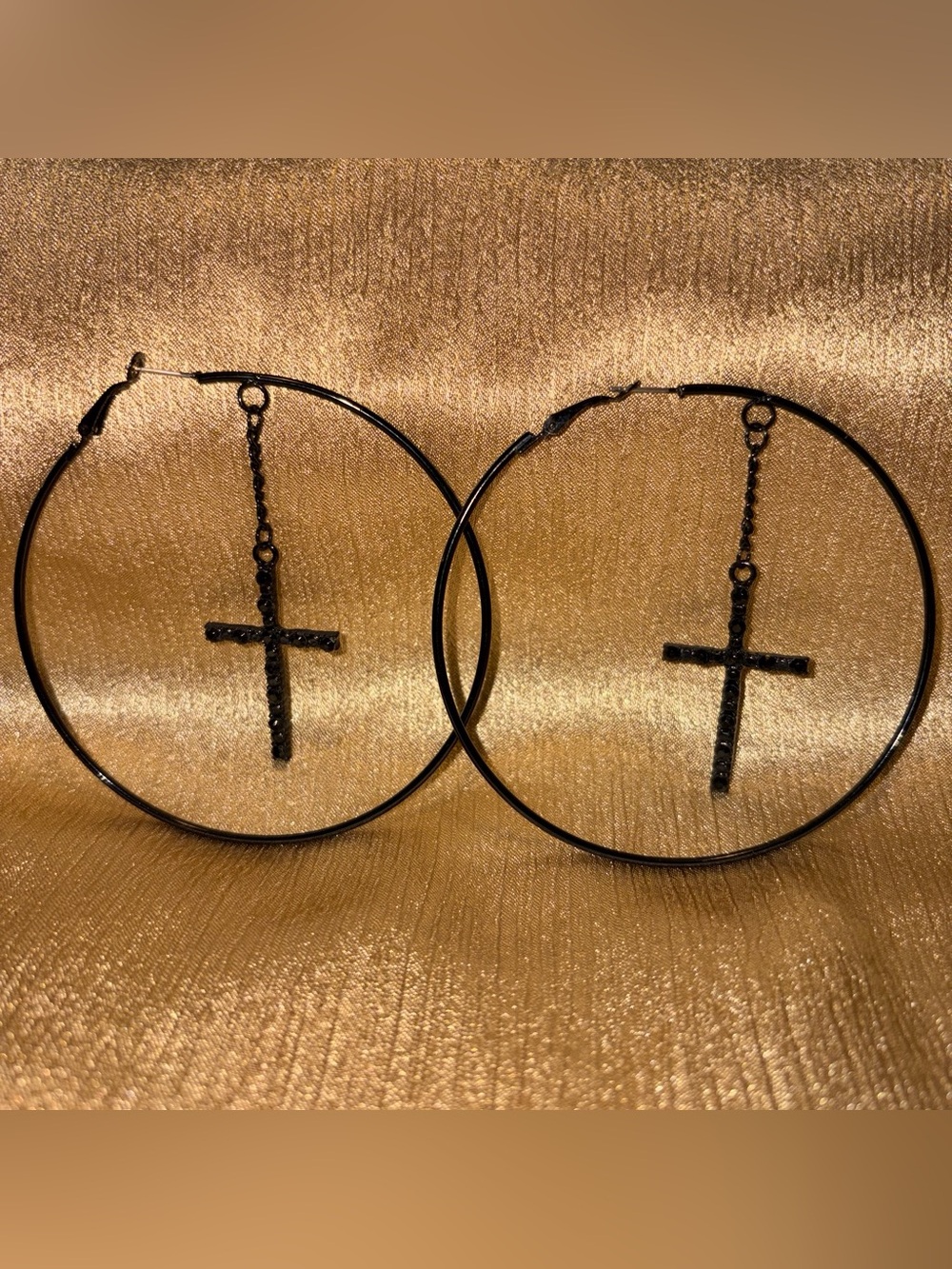 Black Hoop Earrings with Cross Dangles